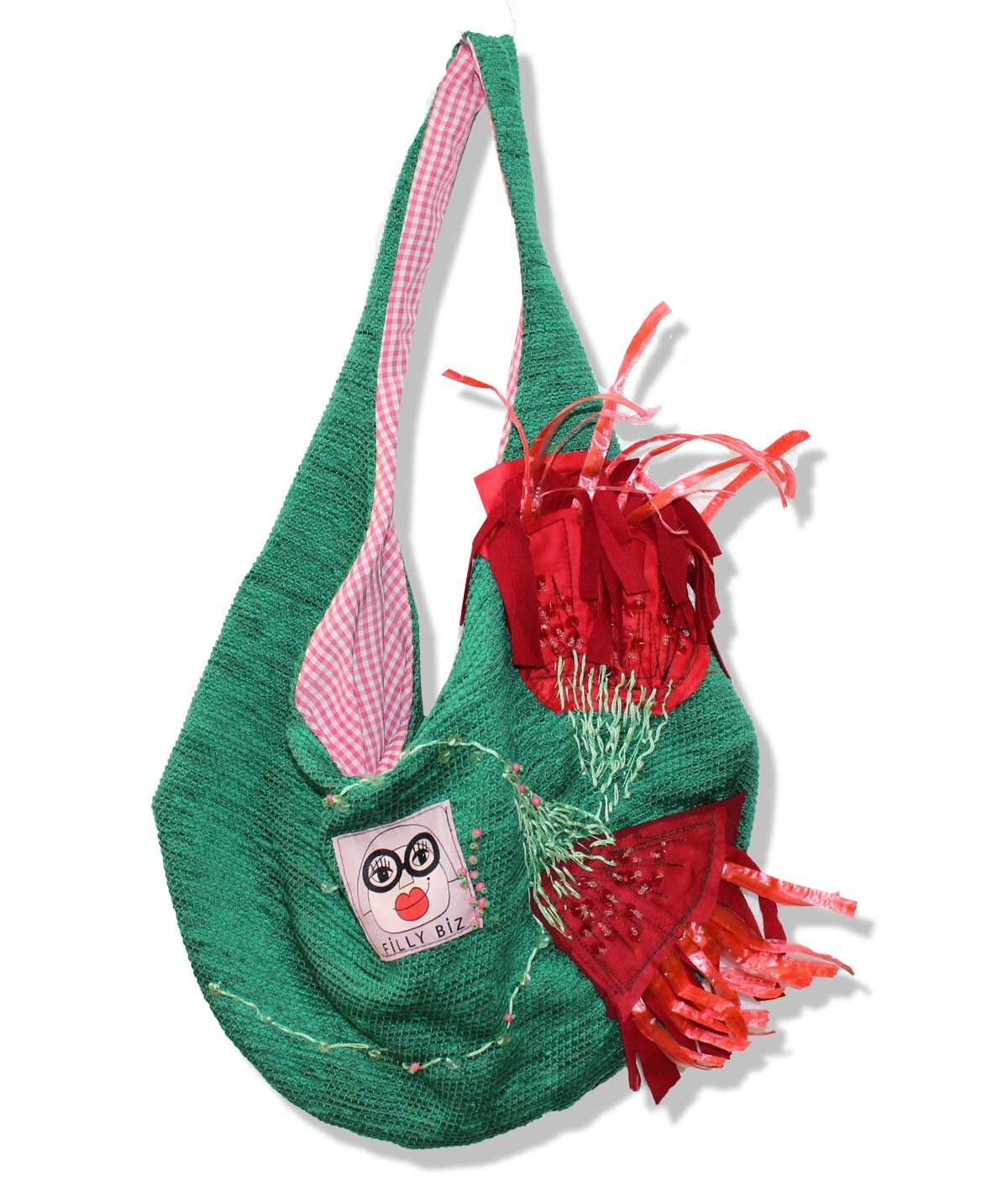 Round green bag with poppies